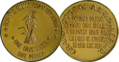 US Masonic Bonnie Blink Corn Husking token 1928 to Date