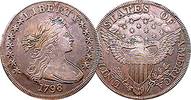 US Draped Bust Half Dime, Dime, Quarter, Half, and One Dollar (Heraldic Eagle) (Fakes are possible) 1798 to 1807
