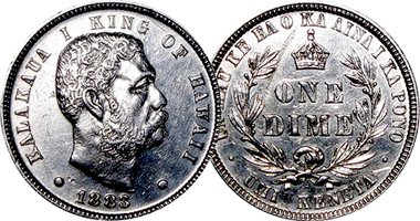 US Hawaii (King Kalakaua) 10 Cents One Dime 1883