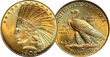 US Indian Head Eagle $10 Gold Piece (Fakes are possible) 1907 to 1933