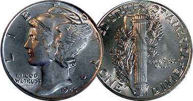 US Liberty Head or Mercury Dime 1916 to 1945