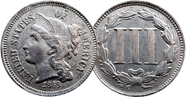 US Nickel Three Cent Piece 1865 to 1889