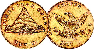 US Pike's Peak Clark Gruber 10 and 20 Dollar Gold (Fakes are possible) 1860