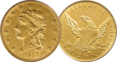 US Quarter Eagle $2.50 and Half Eagle $5 Gold Piece Classic Head (Fakes are possible) 1834 to 1839