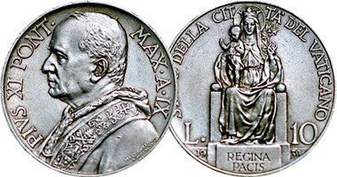 Vatican City 10 Lire 1929 to 1937