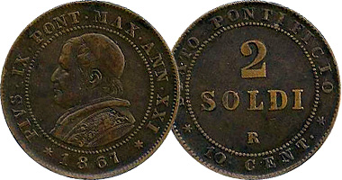Vatican City 1/2, 1 Soldo and 2 and 4 Soldi 1866 to 1869