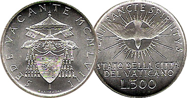 Vatican City 5, 10, and 500 Lire (Sede Vacante) 1939 to 1978