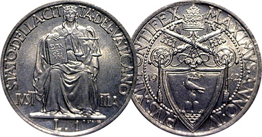 Vatican City 20 and 50 Centesimi and 1 Lira and 2 Lire 1942 to 1946