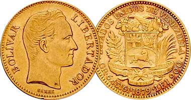 Venezuela 10 and 20 Bolivares 1879 to 1930