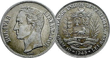 Venezuela 1/2, 1, and 2 Bolivares (2.5, 5, and 10 gram) 1944 to 1946
