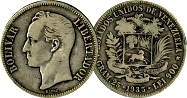Venezuela 1/2, 1, 2, and 5 Bolivares 1879 to 1936