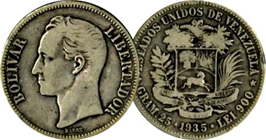 Coin Value Venezuela 1 2 1 2 and 5 Bolivares 1879 to 1936