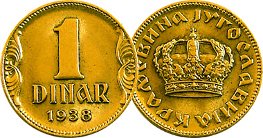 Yugoslavia 50 Para, 1 Dinar, and 2 Dinara 1938