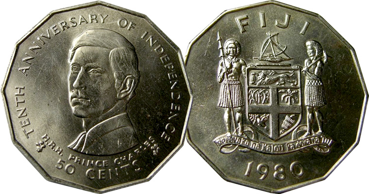 Coin Value Fiji 50 Cents And 10 Dollars 1980 large Photo 