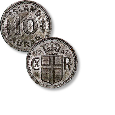 Coin Value Iceland 10 Aurar and 25 Aurar 1940 to 1942