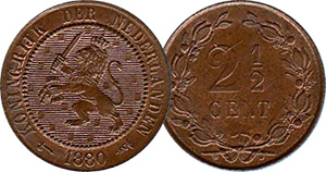 Coin Value: Netherlands 1/2, 1, and 2 1/2 Cents (with Lion) 1877 to 1959